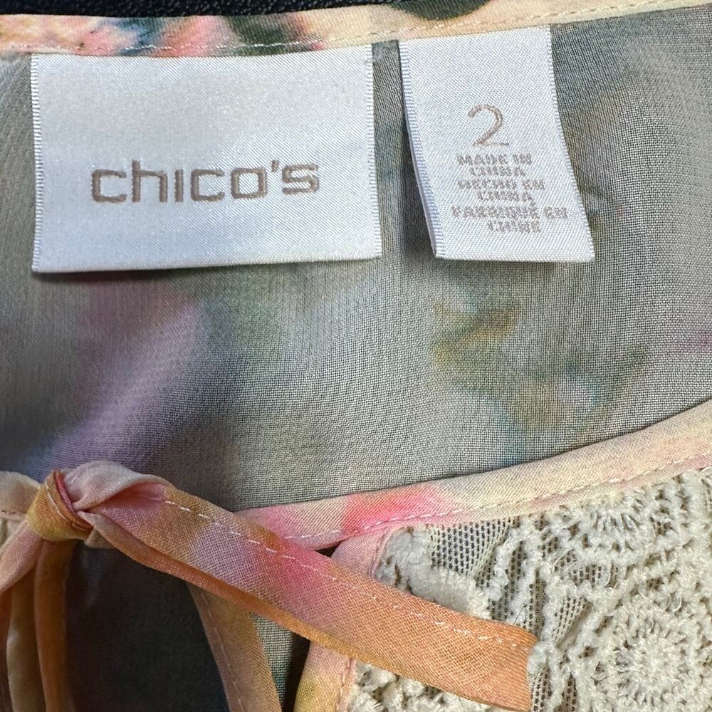 Chico’s Watercolor Floral Boho Blouse Crochet Lace Peasant Top Size L - Picture 5 of 9
